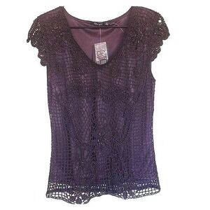 Theme Crochet knit blouse SIze Large romantic goth‎ brown metallic beaded new
